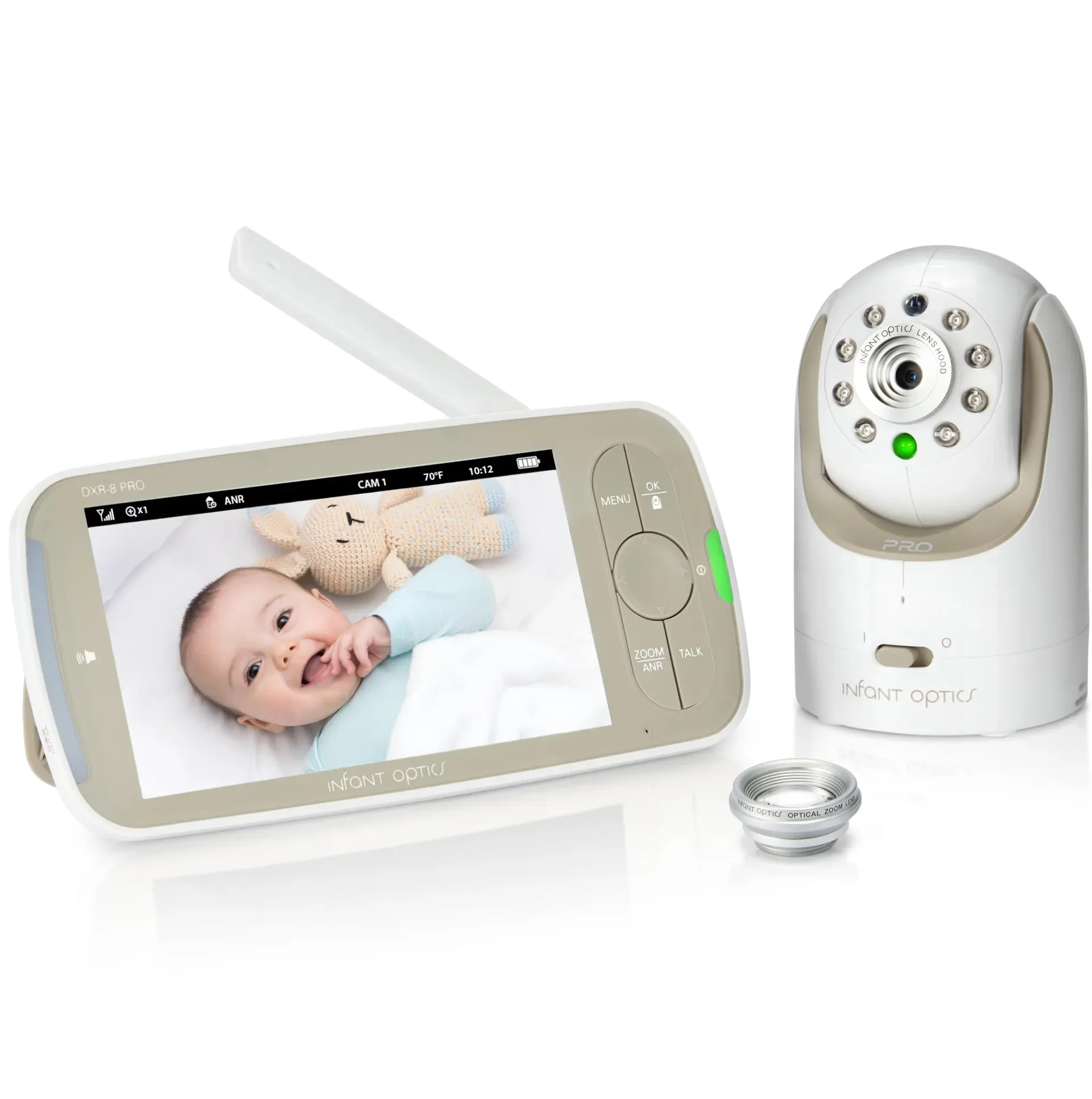 Infant Optics DXR-8 PRO baby monitor with parent unit and camera on nightstand