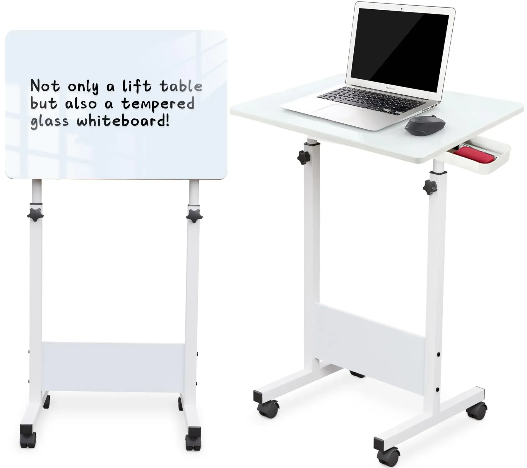 KOUPA 24 inch writable flip standing desk with lockable wheels and tempered glass surface
