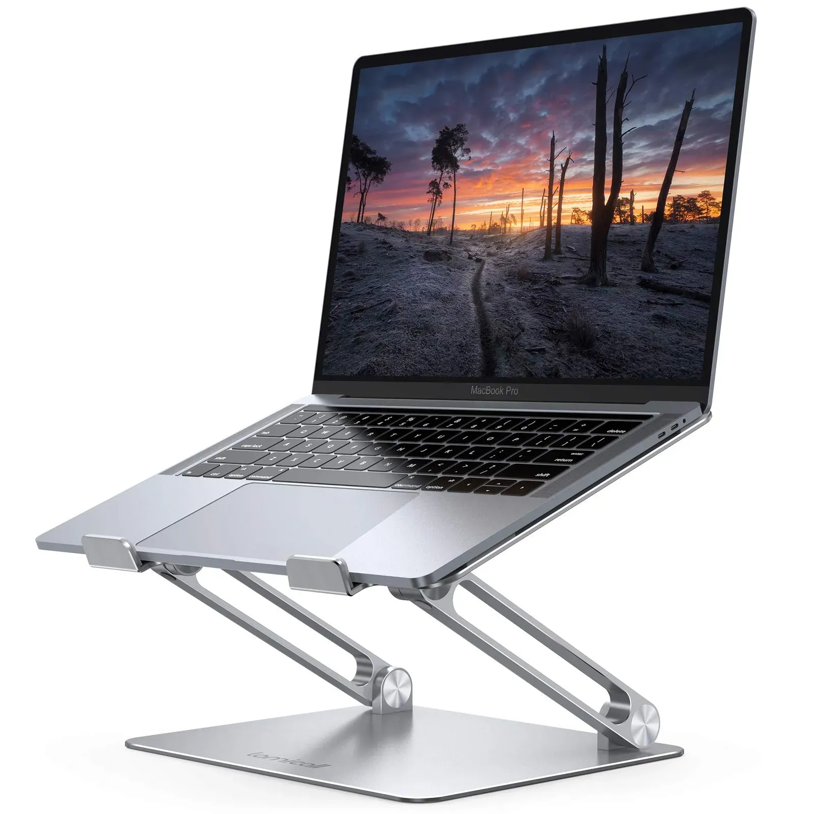 Lamicall adjustable aluminum laptop stand with ventilation holes for 10 to 17.3 inch laptops on a wooden desk