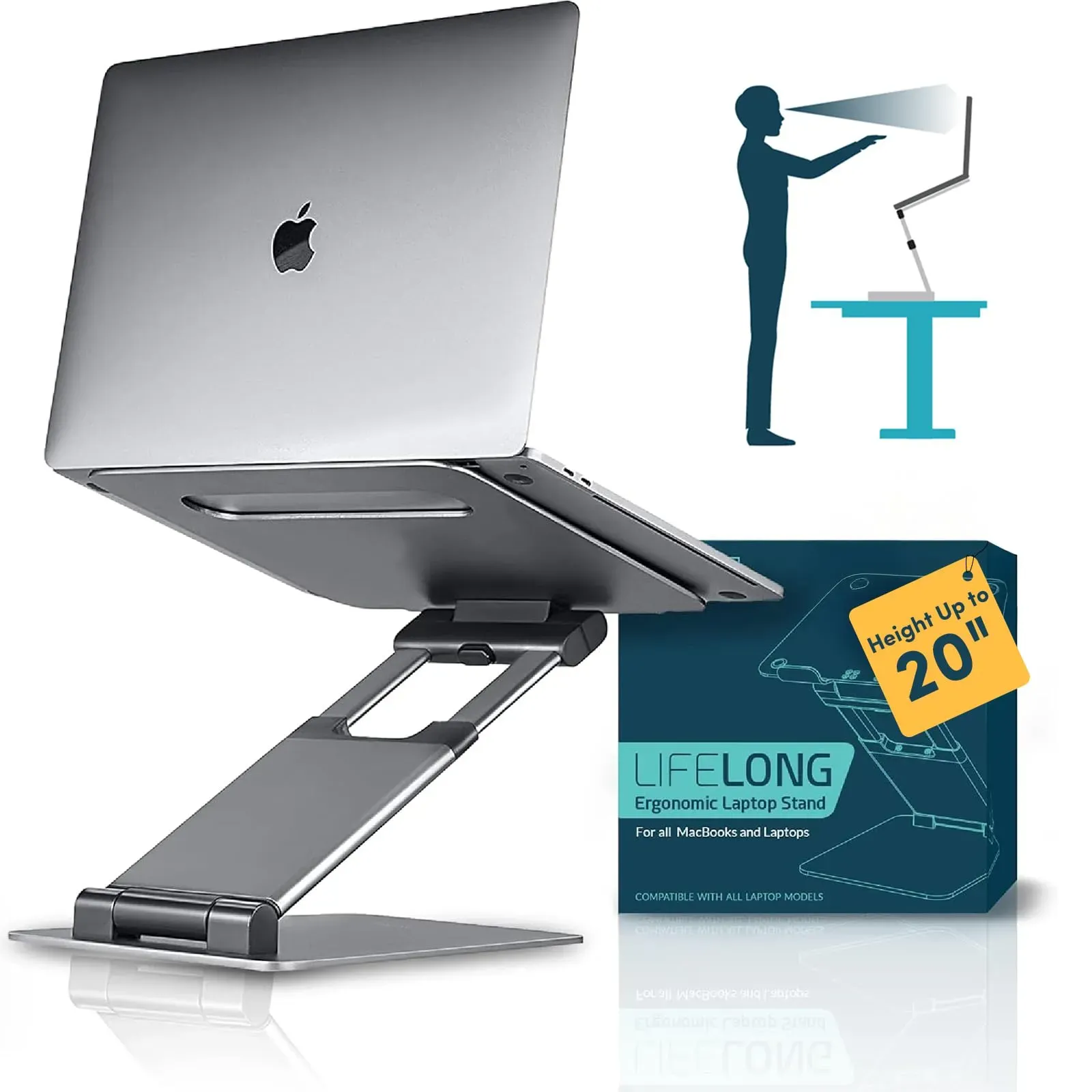 Lifelong UPRYZE extra tall 20-inch adjustable aluminum laptop stand extended to full standing height