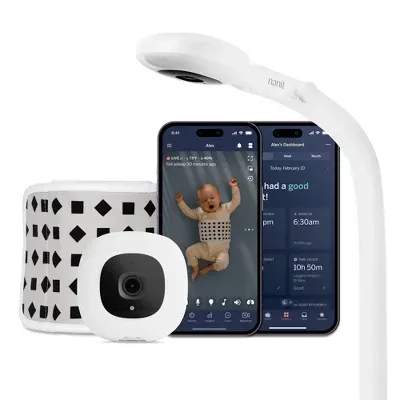 Nanit Pro smart WiFi baby monitor camera on floor stand in nursery