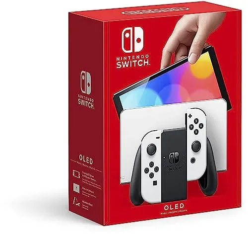 Nintendo Switch OLED Model with white Joy-Con controllers and vibrant 7-inch OLED display
