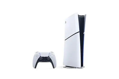 PlayStation 5 Digital Edition Slim console with DualSense wireless controller on white background