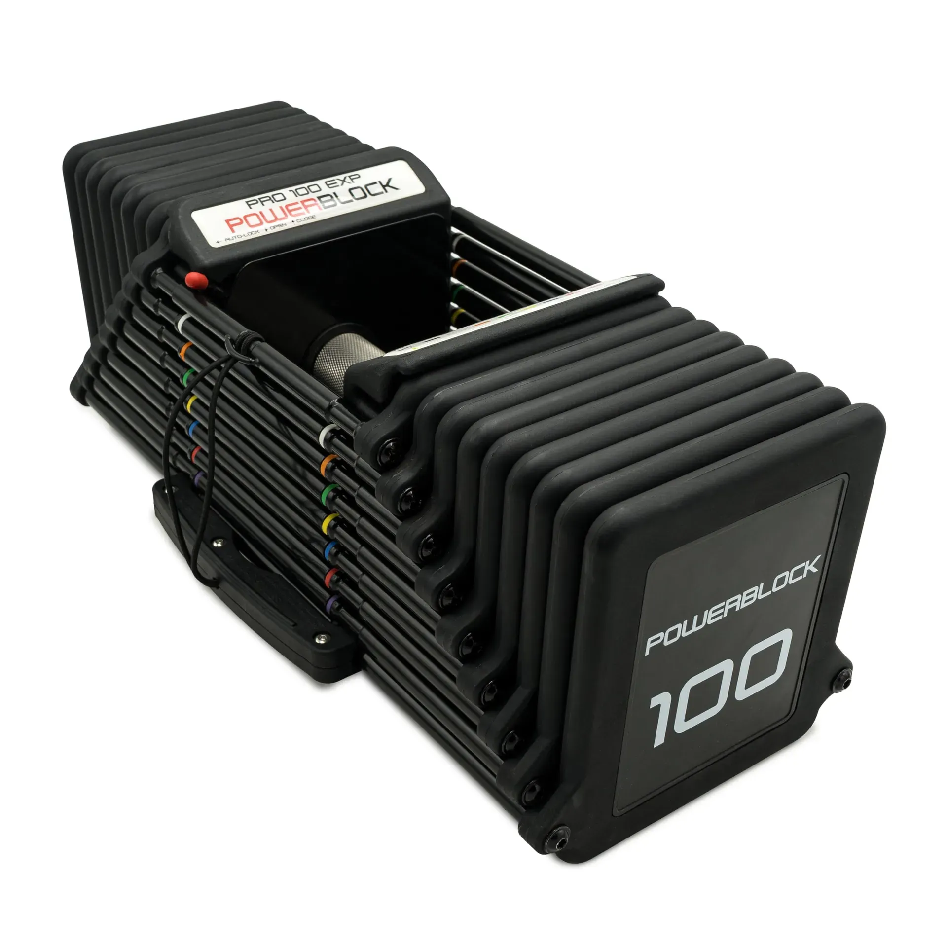 PowerBlock Pro 100 EXP adjustable dumbbell set with magnetic selector pin for compact home gym
