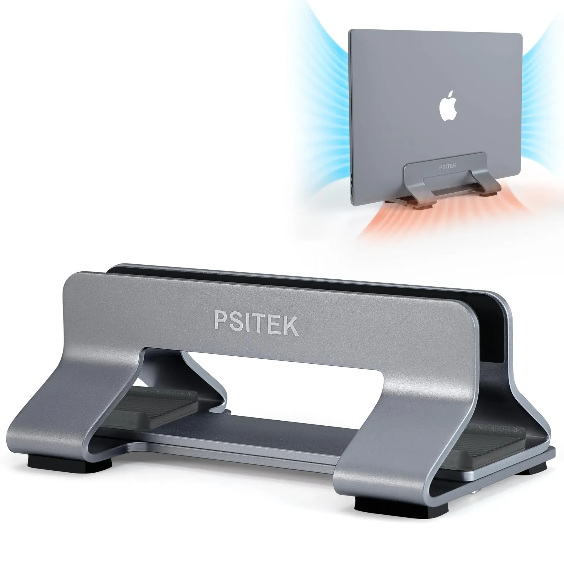 Psitek aluminum vertical laptop stand dock with adjustable width slot holding a MacBook upright on a desk