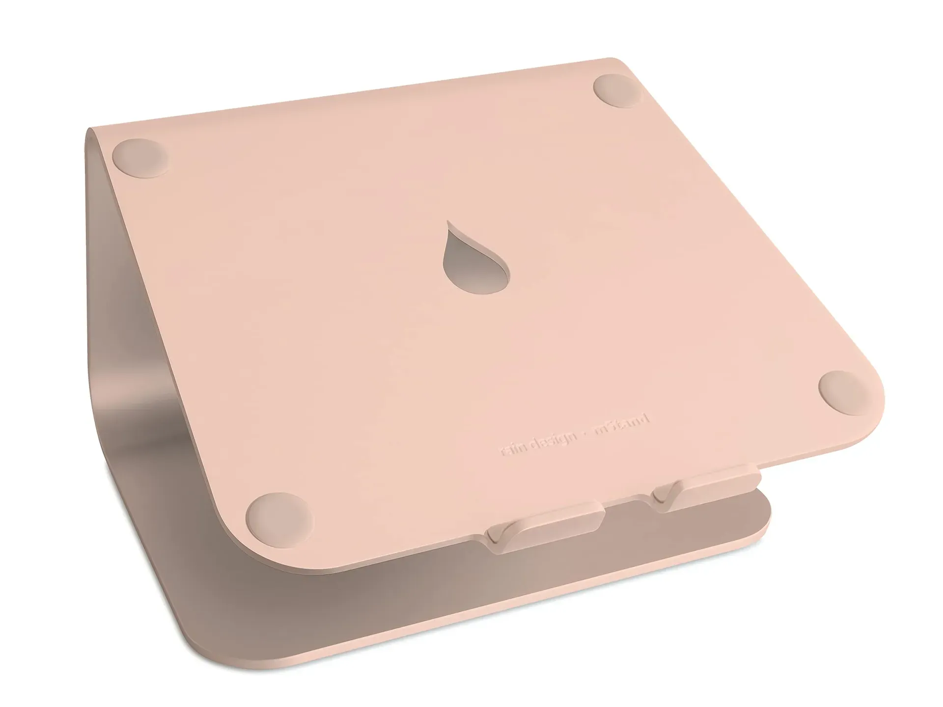 Rain Design mStand silver anodized aluminum laptop stand with cable management hole on a desk