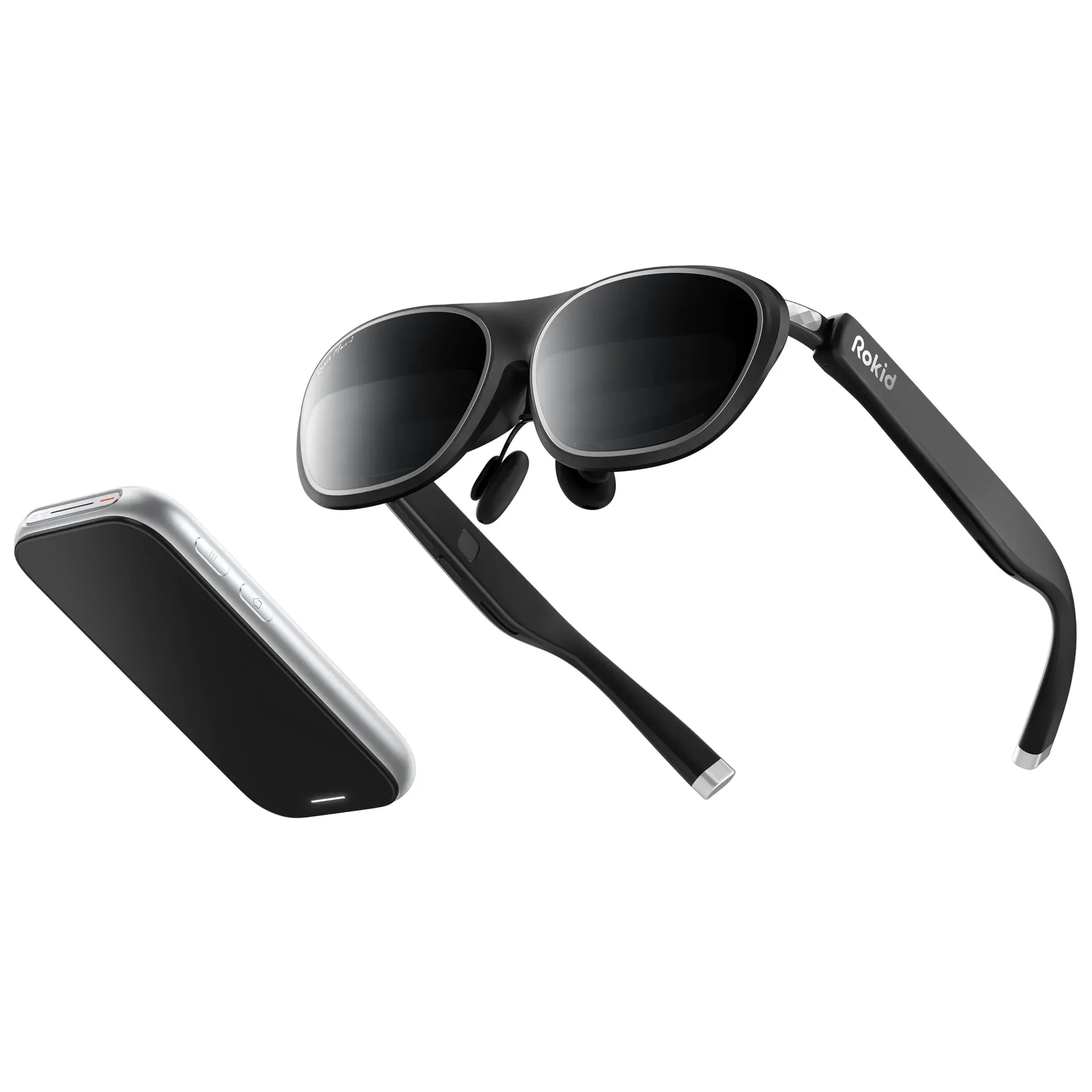 Rokid Max2 AR spatial video glasses with Station2 puck showing three virtual screens