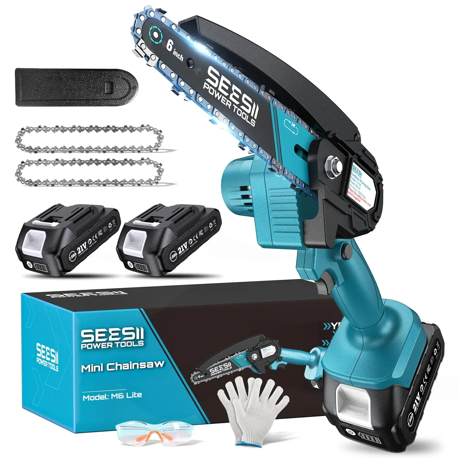 Seesii 6-inch cordless mini chainsaw cutting a tree branch with two batteries on a wooden workbench