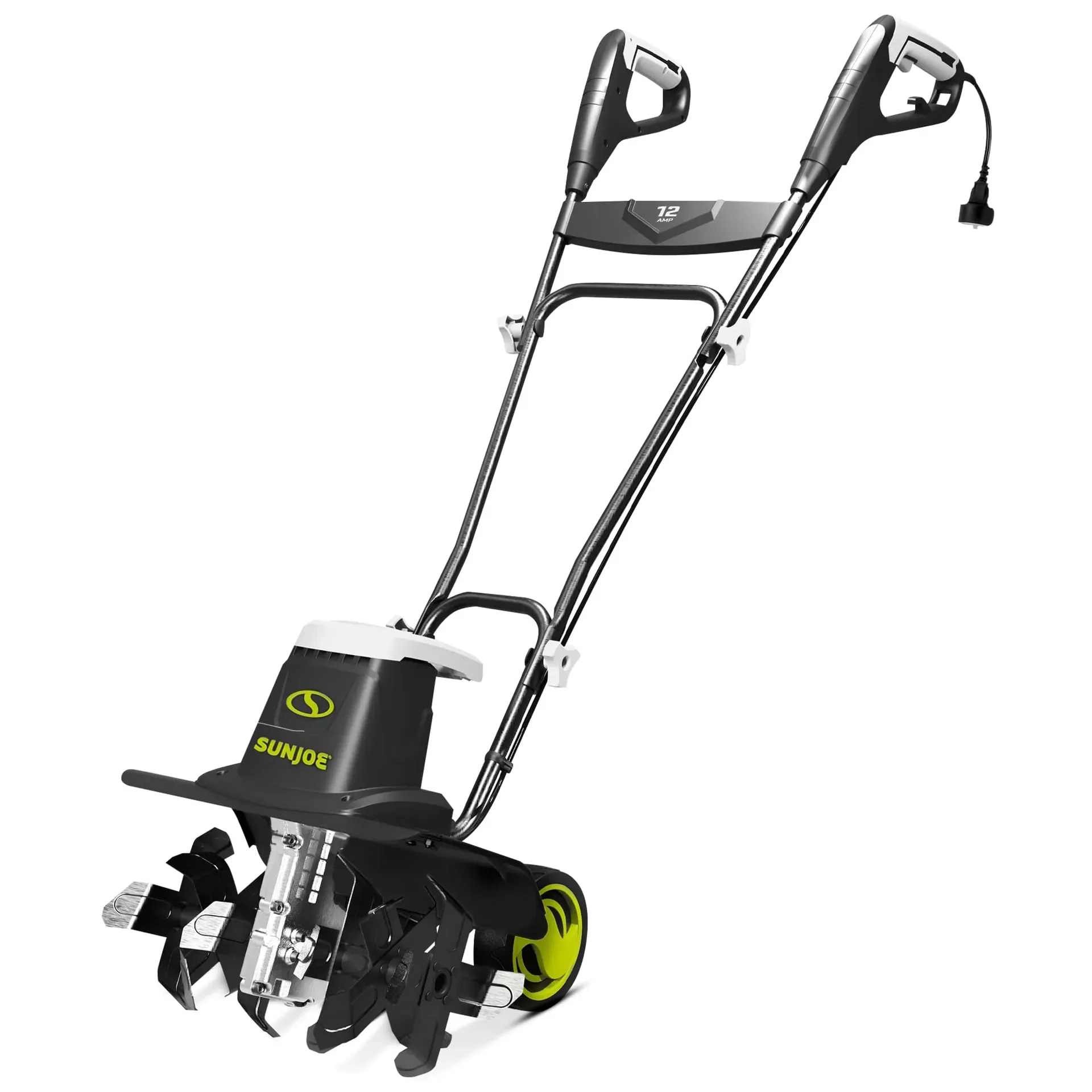 Sun Joe TJ603E corded electric garden tiller tilling soil in a vegetable garden bed