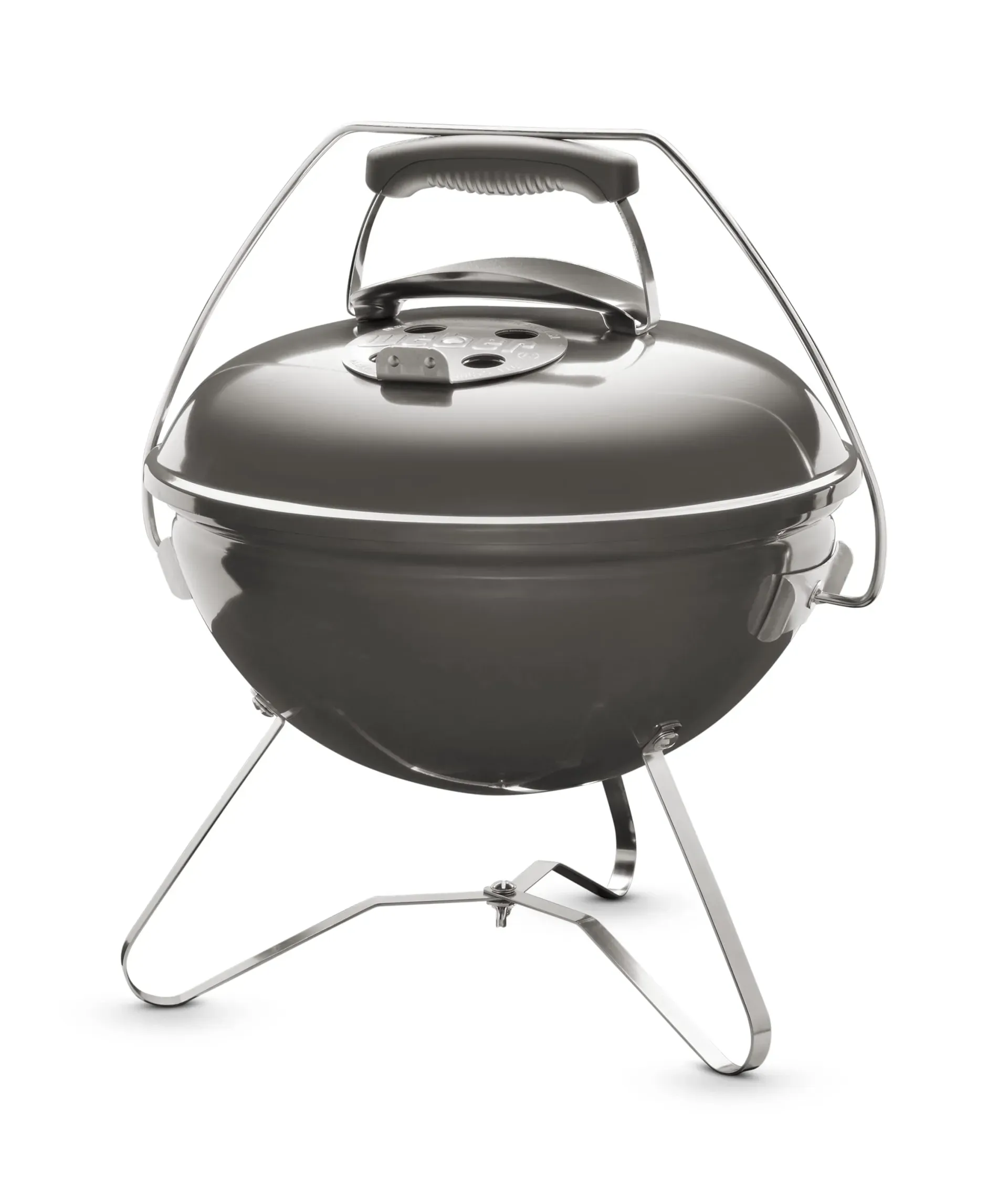Weber Smokey Joe Premium 14 inch charcoal grill in Smoke Grey with lid locked for carrying