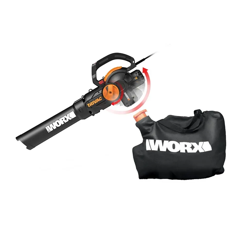 WORX WG512 Trivac 3-in-1 electric blower vacuum mulcher clearing fall leaves from a lawn