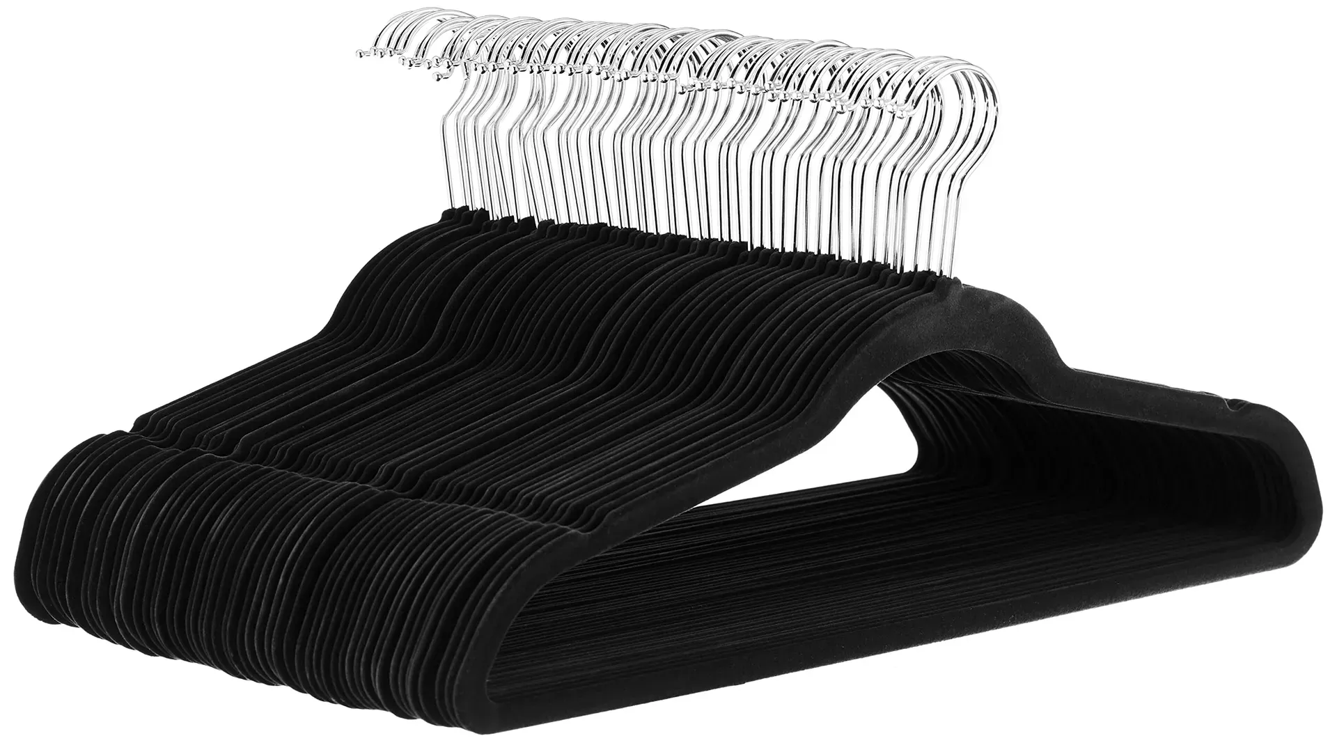 Amazon Basics slim velvet non-slip hangers 50-pack in black with notched shoulders