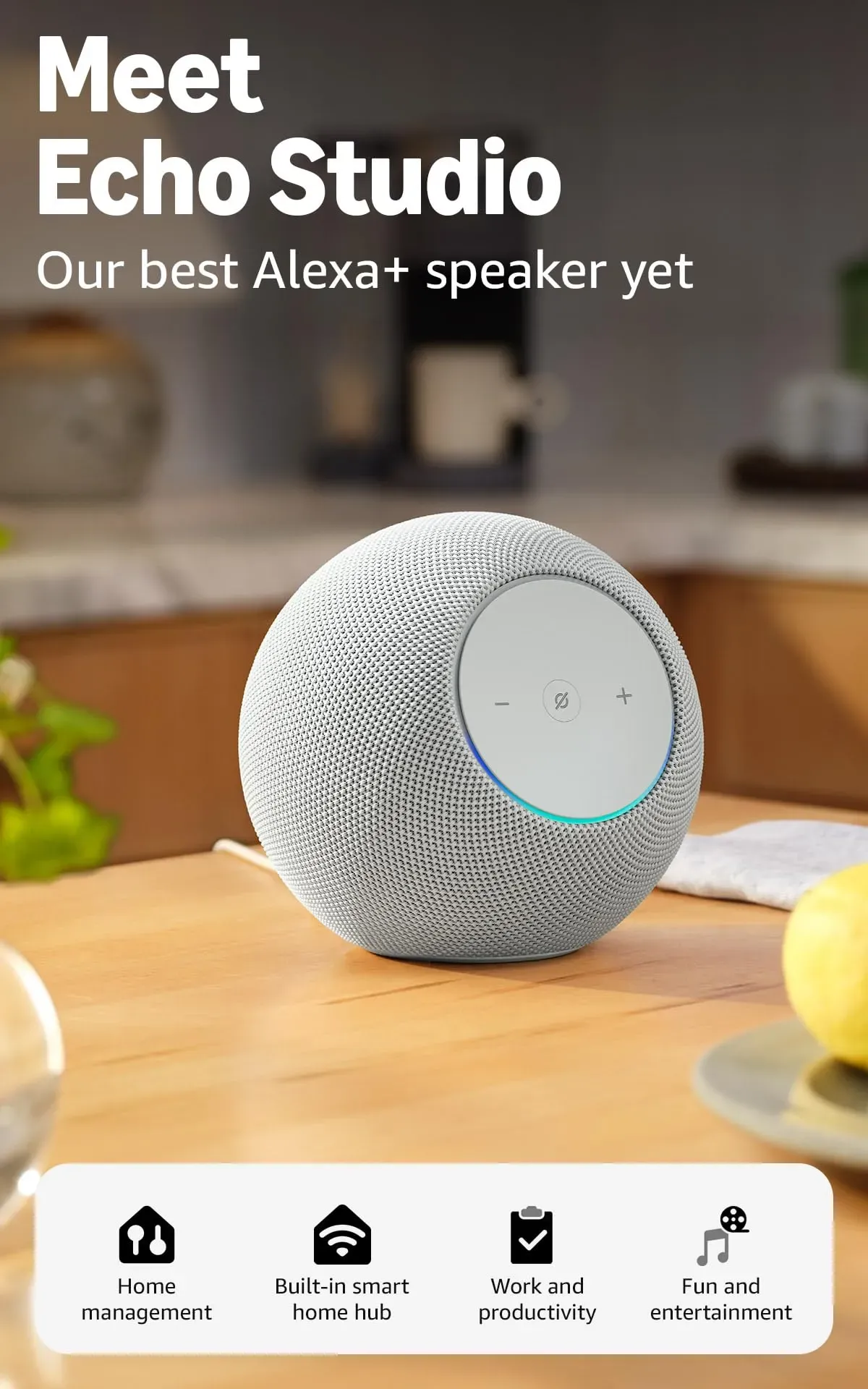 Amazon Echo Studio compact smart speaker with spatial audio and Dolby Atmos in charcoal