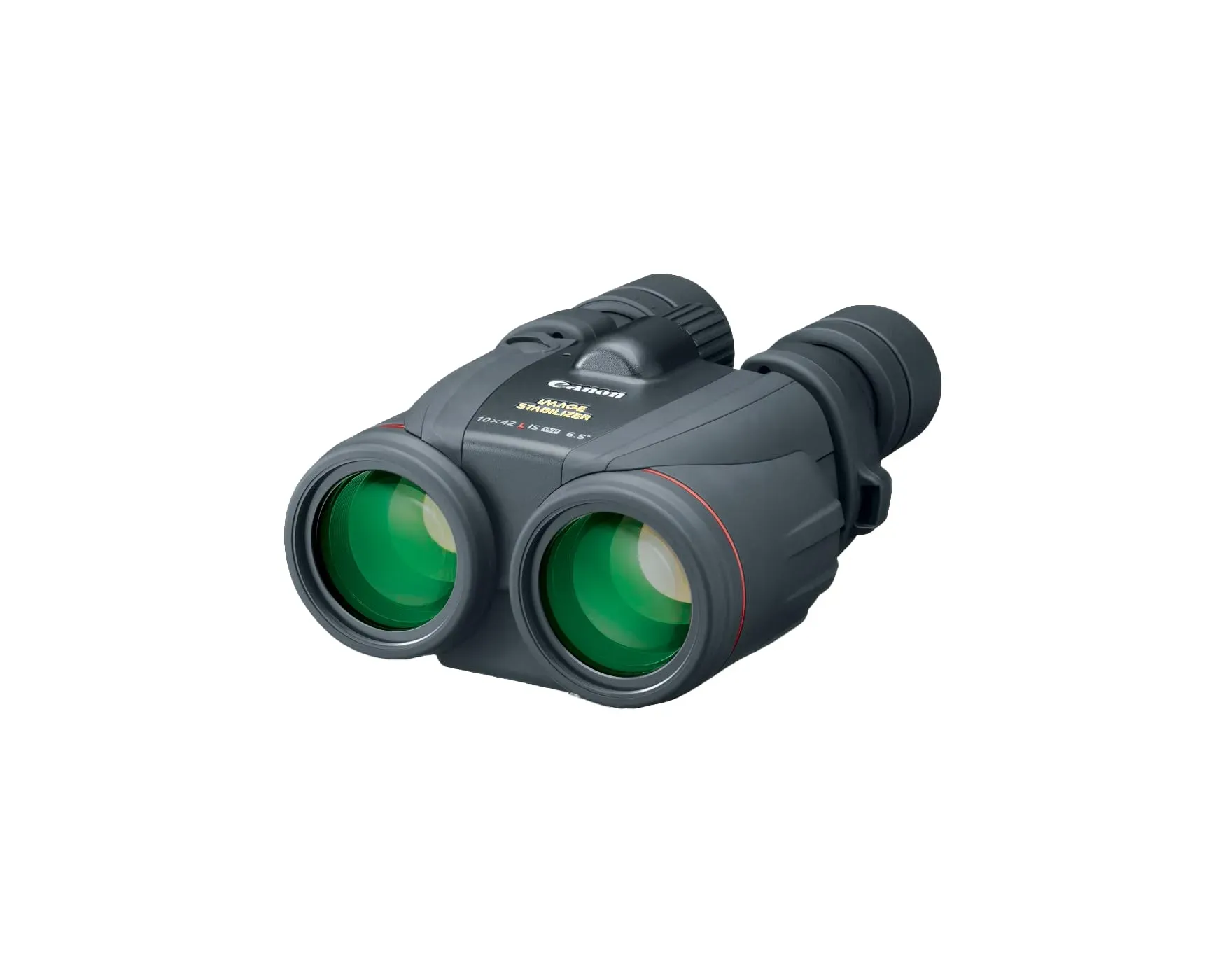 Canon 10x42 L IS WP image stabilized binoculars with padded case on wooden table