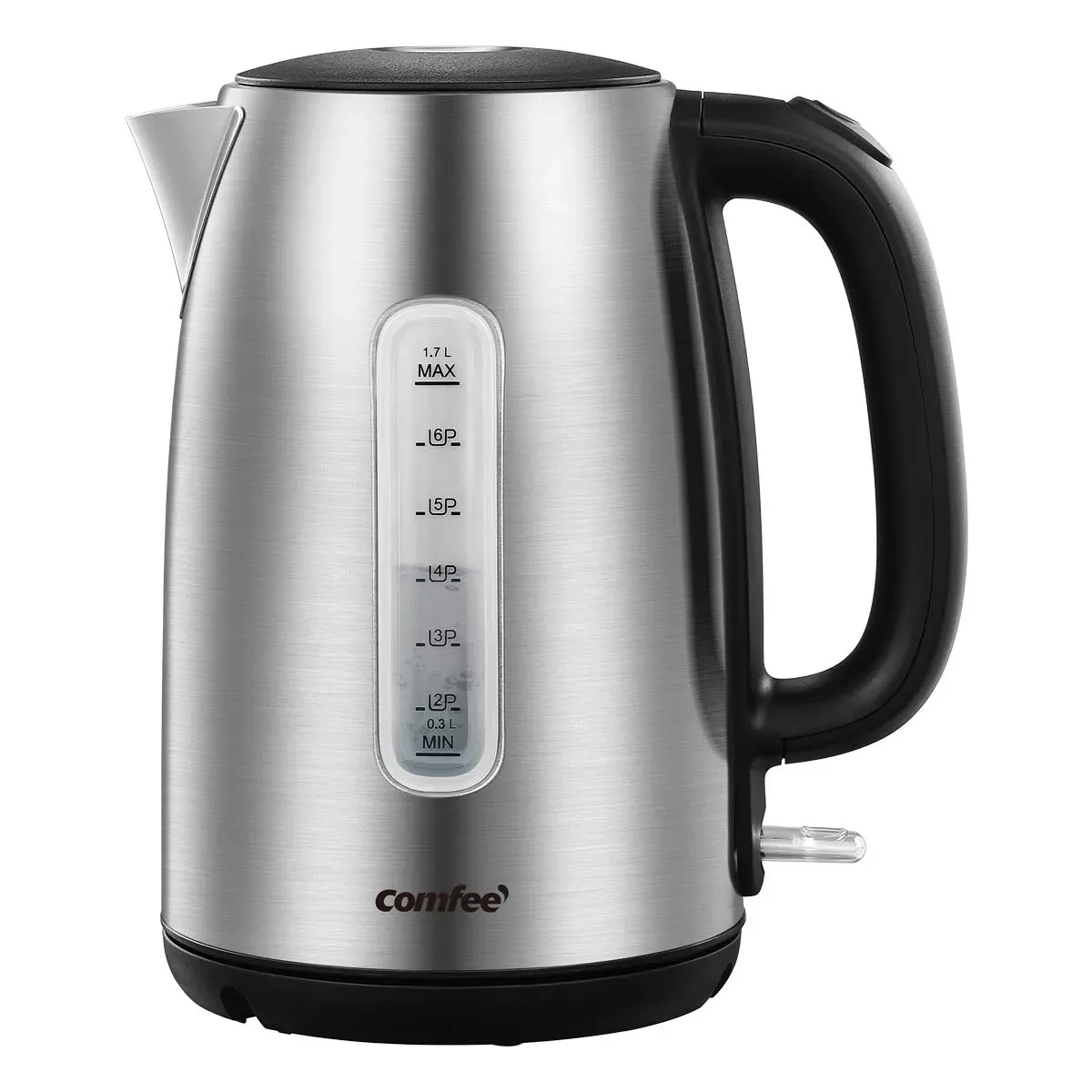 COMFEE stainless steel electric kettle 1.7 liter with brushed finish and pop-up lid