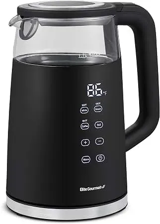 Elite Gourmet 1.7L dual-wall electric kettle with digital temperature display and blue LED lighting