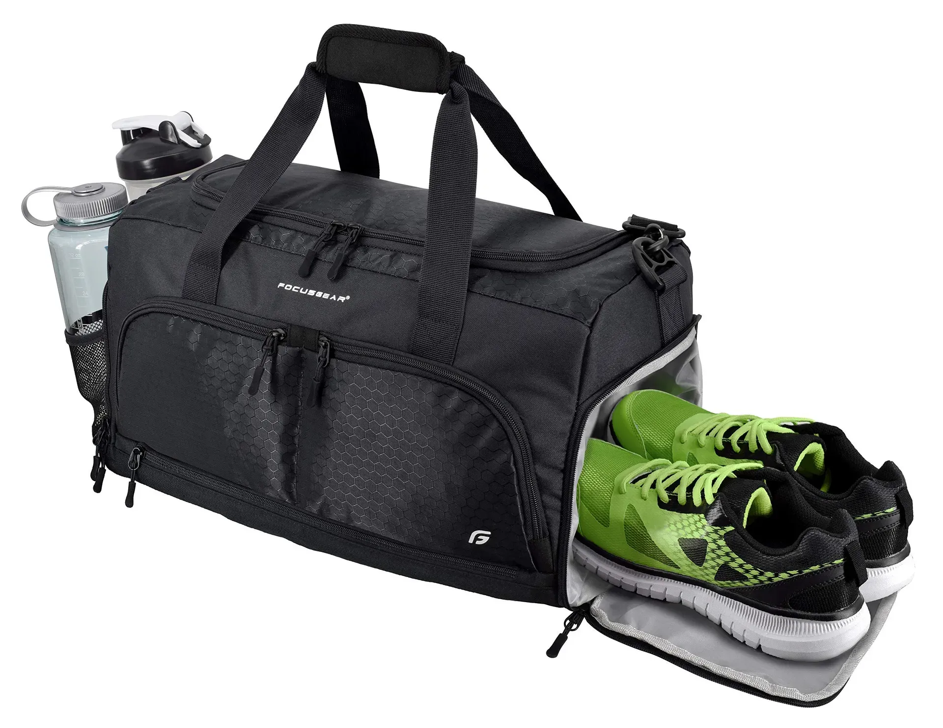FocusGear Ultimate Gym Bag 2.0 with 10 compartments including dedicated shoe pocket and wet pouch