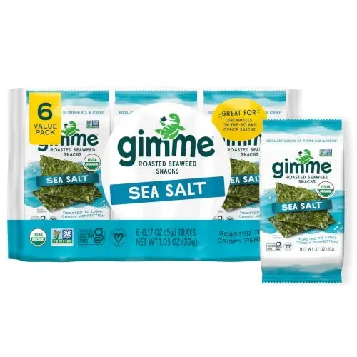 Gimme Sea Salt Organic Roasted Seaweed Snacks, 6-count box of crispy roasted seaweed sheets on counter