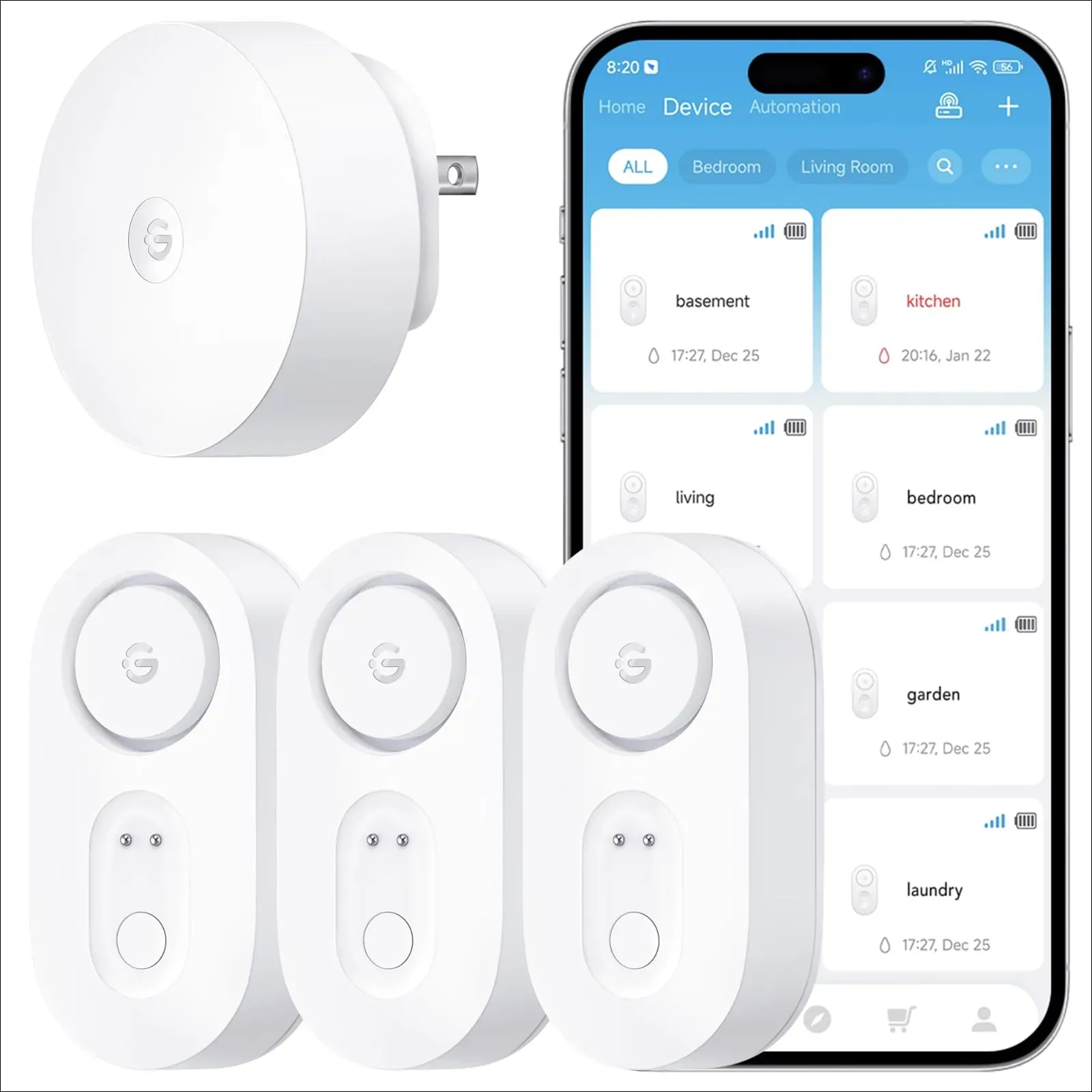 GoveeLife smart water leak detector 1s 3-pack with 105 dB alarm for basement and laundry room protection