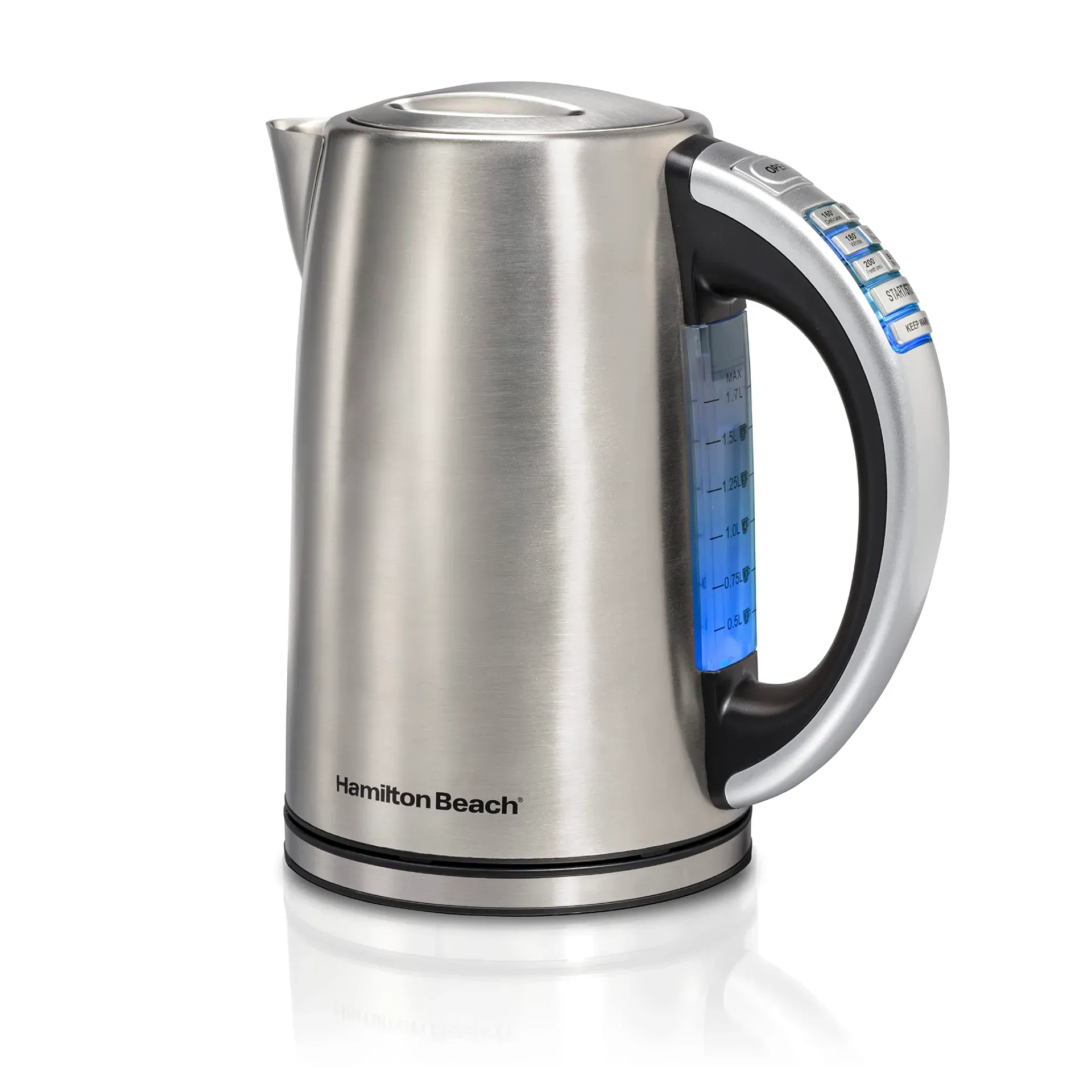 Hamilton Beach 40865 variable temperature electric kettle with six preset buttons and glass body