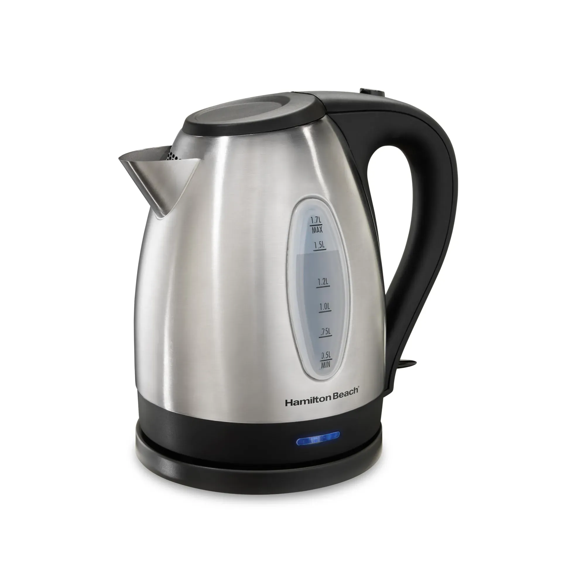 Hamilton Beach 40880 stainless steel electric tea kettle with water level window on countertop