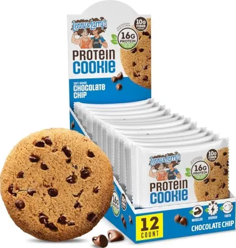 Lenny & Larry's The Complete Cookie Chocolate Chip, soft-baked vegan protein cookies in a 12-pack box on kitchen counter