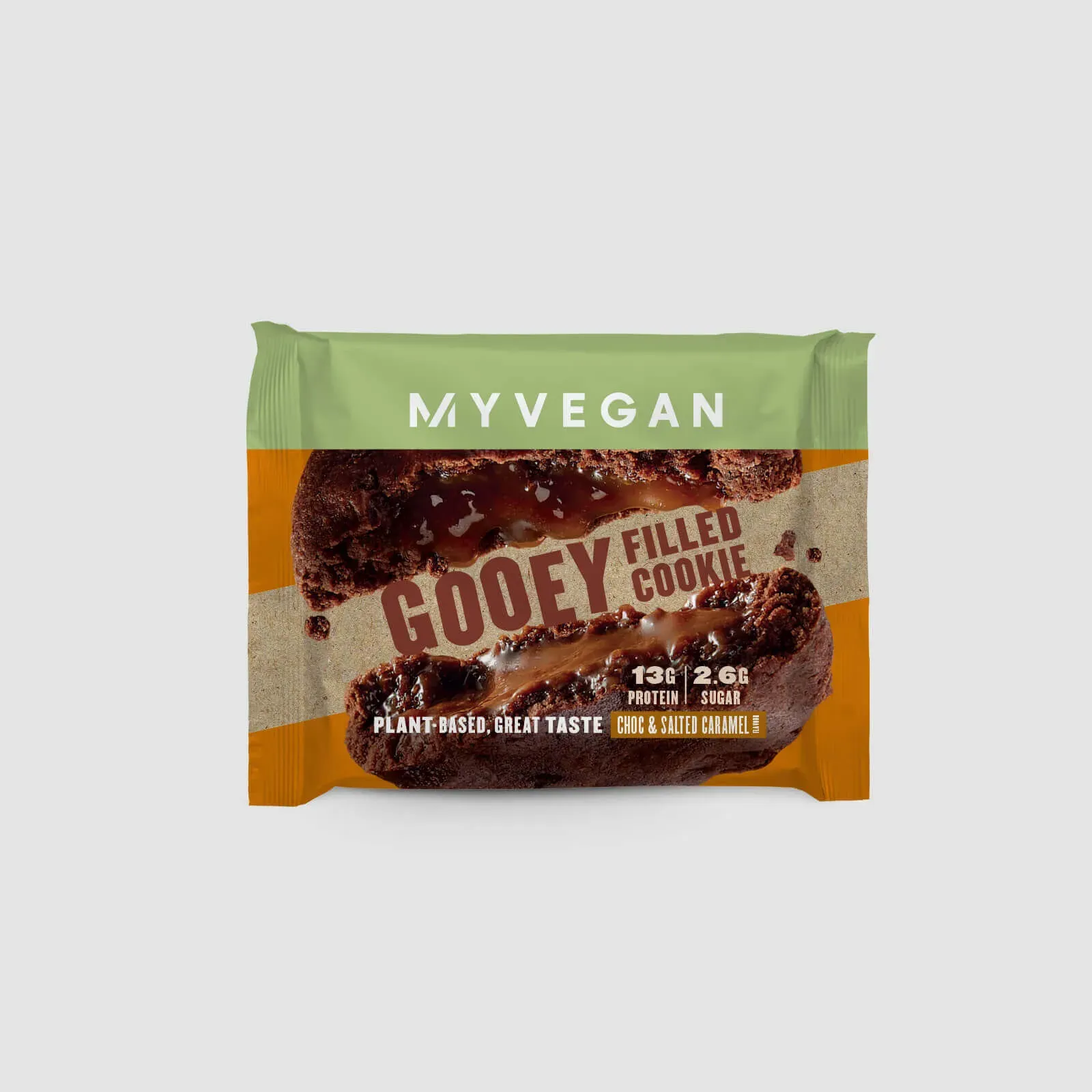 Myprotein Vegan Gooey Filled Cookies, 12-count box of soft cookies with gooey chocolate centers on plate