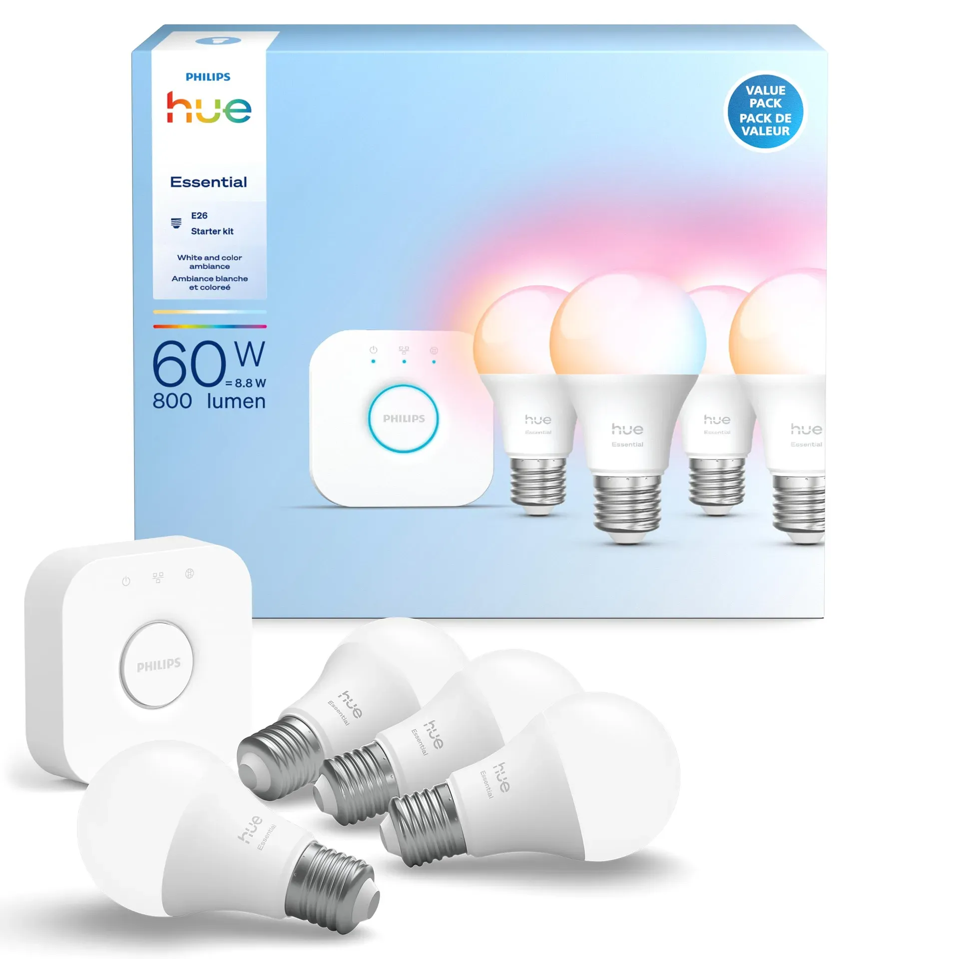 Philips Hue Essential Starter Kit with Bridge and four E26 smart color bulbs for home lighting