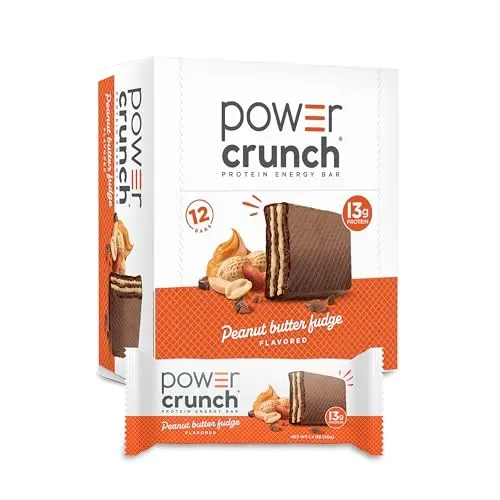 Power Crunch Protein Energy Wafer Bars in Peanut Butter Fudge, 12-count box of crispy layered wafer bars on table