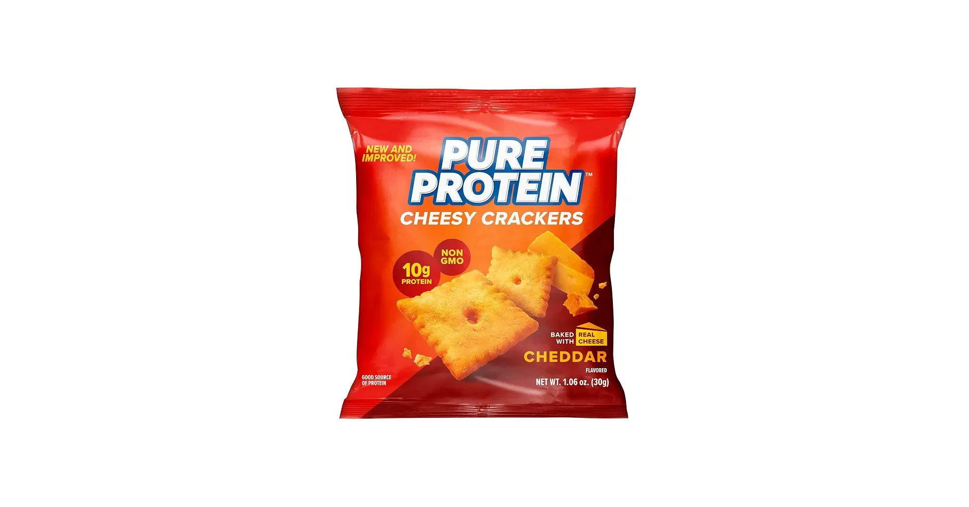 Pure Protein Cheddar Cheesy Crackers, 12-count box of single-serve baked cheese crackers on kitchen counter