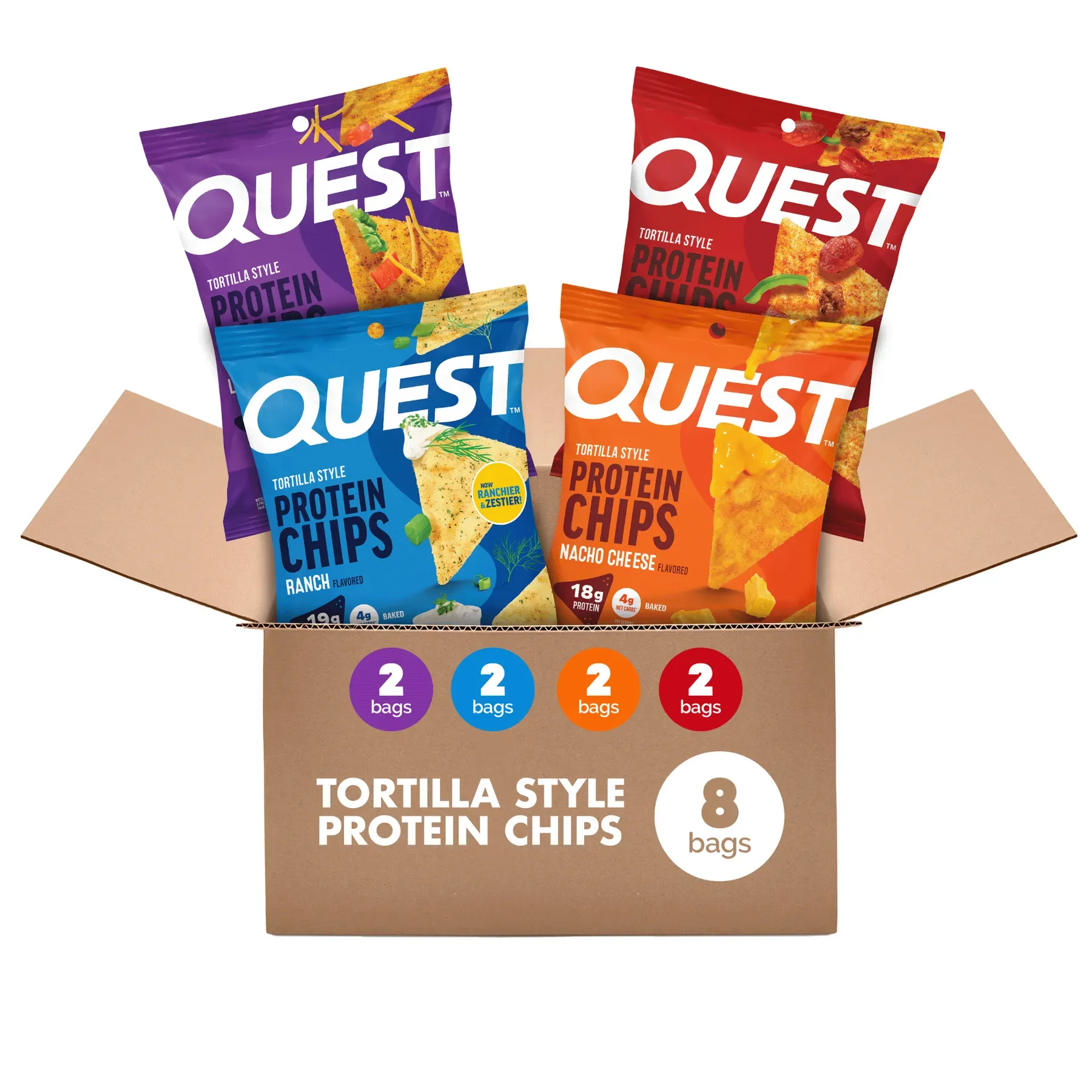 Quest Nutrition Tortilla Style Protein Chips Variety Pack, 12-count box with multiple savory flavor bags on table