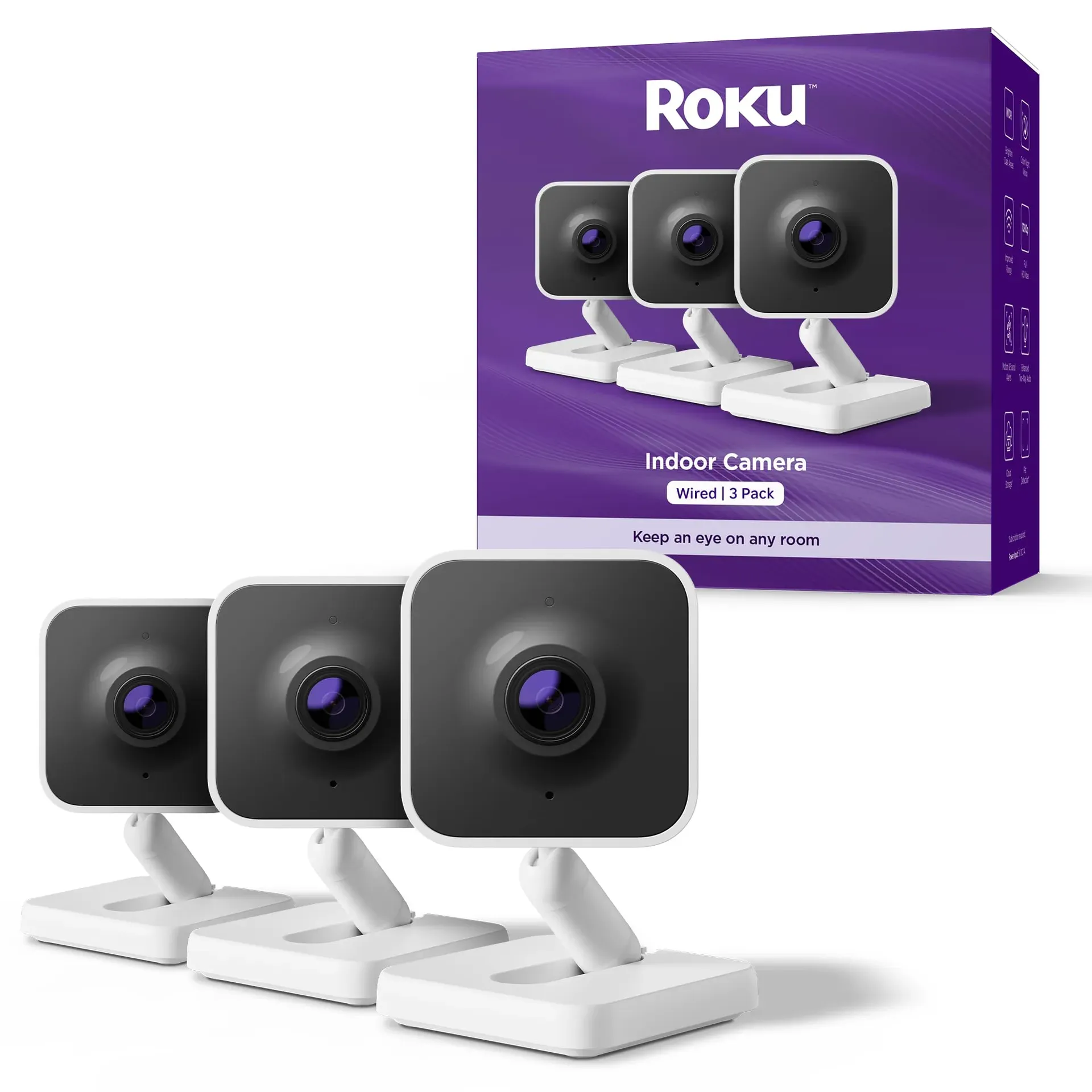 Roku Indoor Camera 3-pack wired security cameras with color night vision for affordable home monitoring