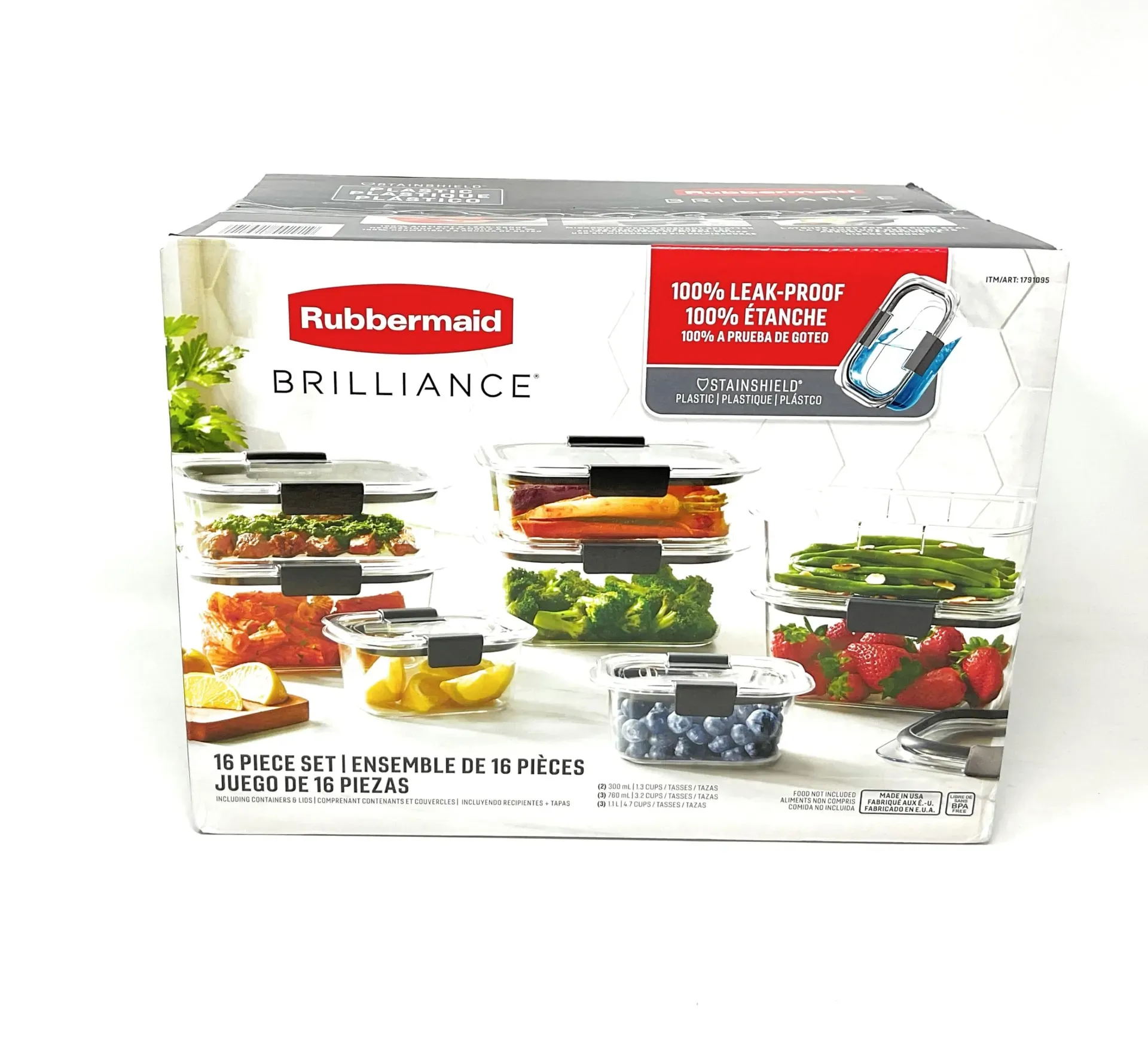 Rubbermaid Brilliance 16-piece food storage container set with crystal-clear Tritan bases and locking lids