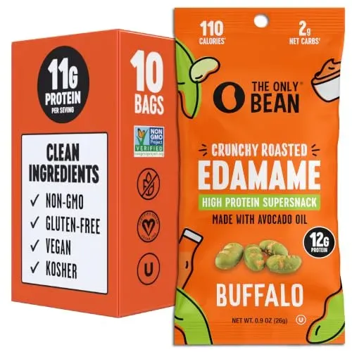 The Only Bean Crunchy Roasted Edamame Snacks, 10-pack of single-serve dry-roasted edamame pouches on table