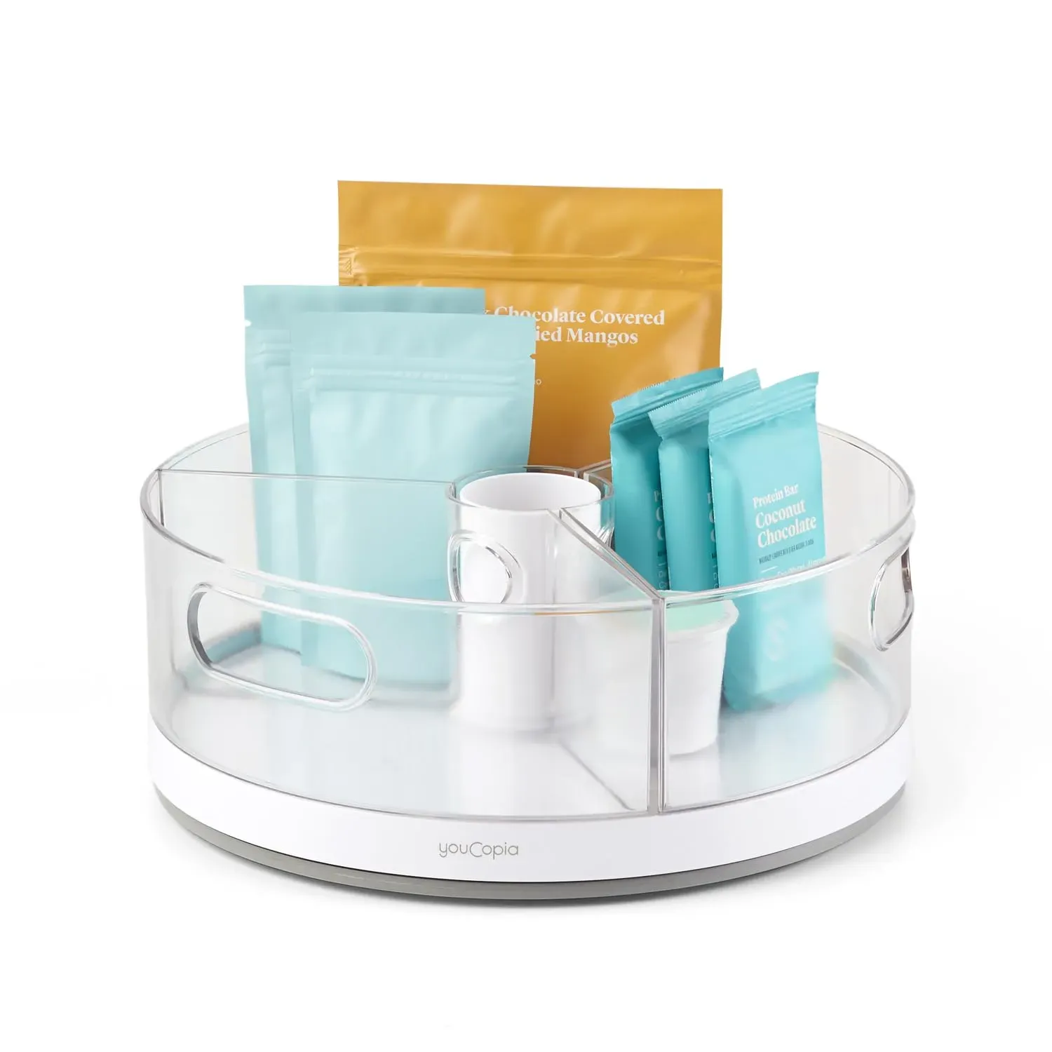 YouCopia Crazy Susan lazy Susan organizer with three removable clear bins and rotating turntable base