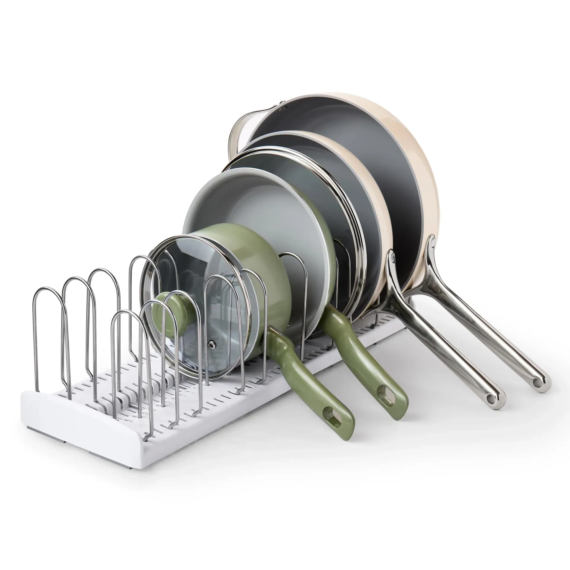YouCopia StoreMore expandable pan and lid rack with coated steel wire dividers on adjustable base