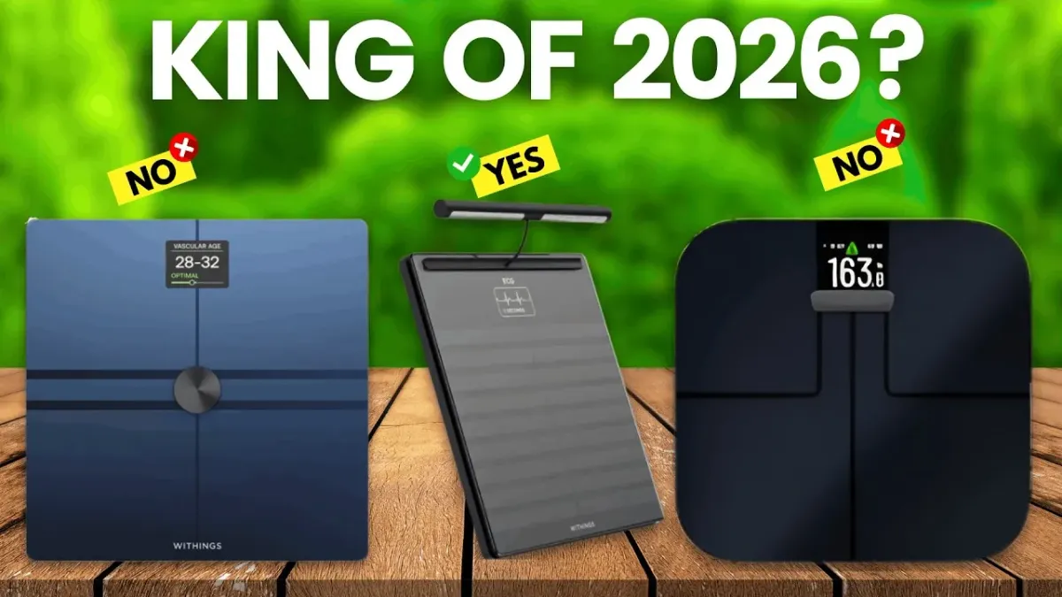 Best smart scales of 2026 comparison lineup on white bathroom tile with Apple Health app visible on smartphone